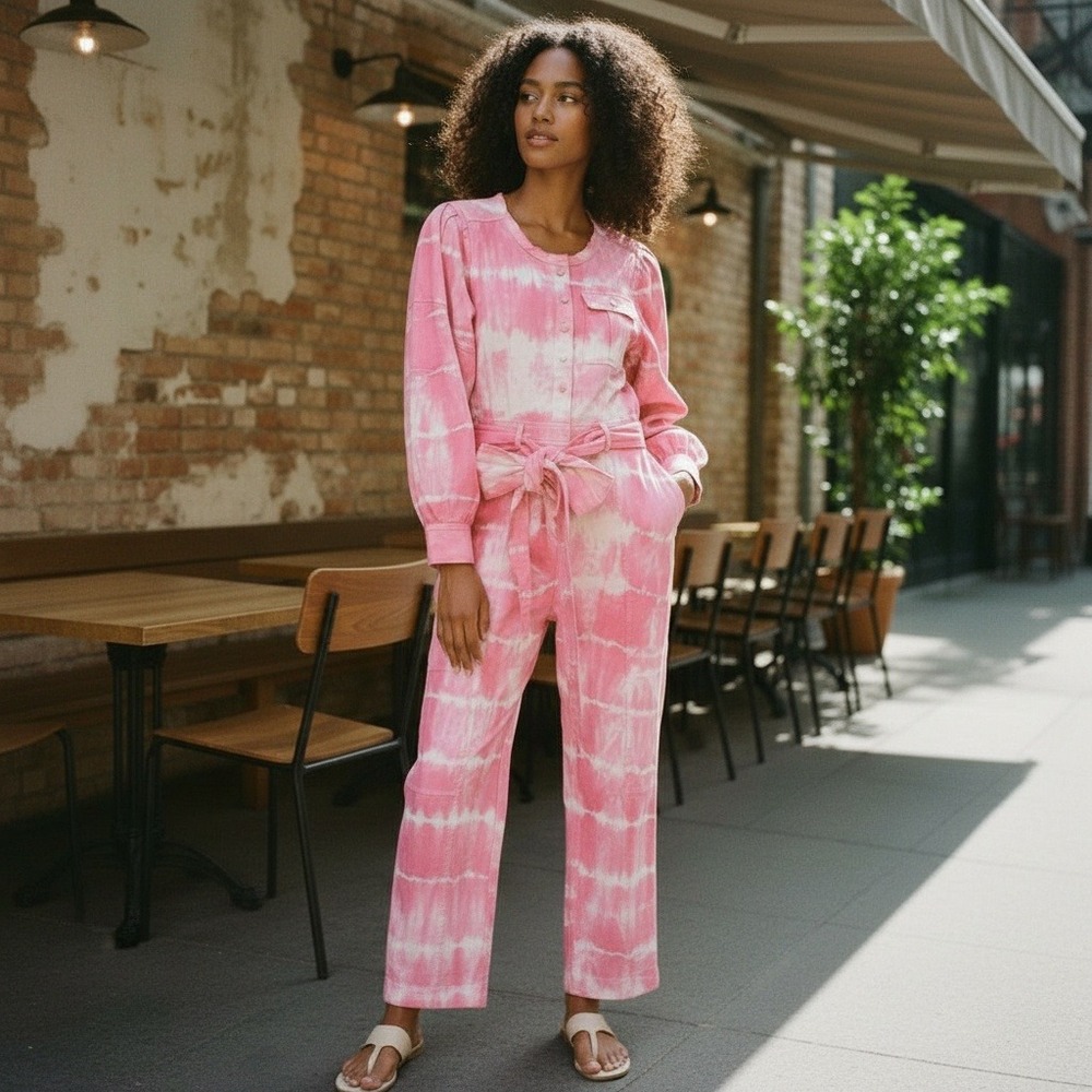 LoveShackFancy Pink Tie Dye Denim Jumpsuit Belted Long Sleeve Womens Size 2